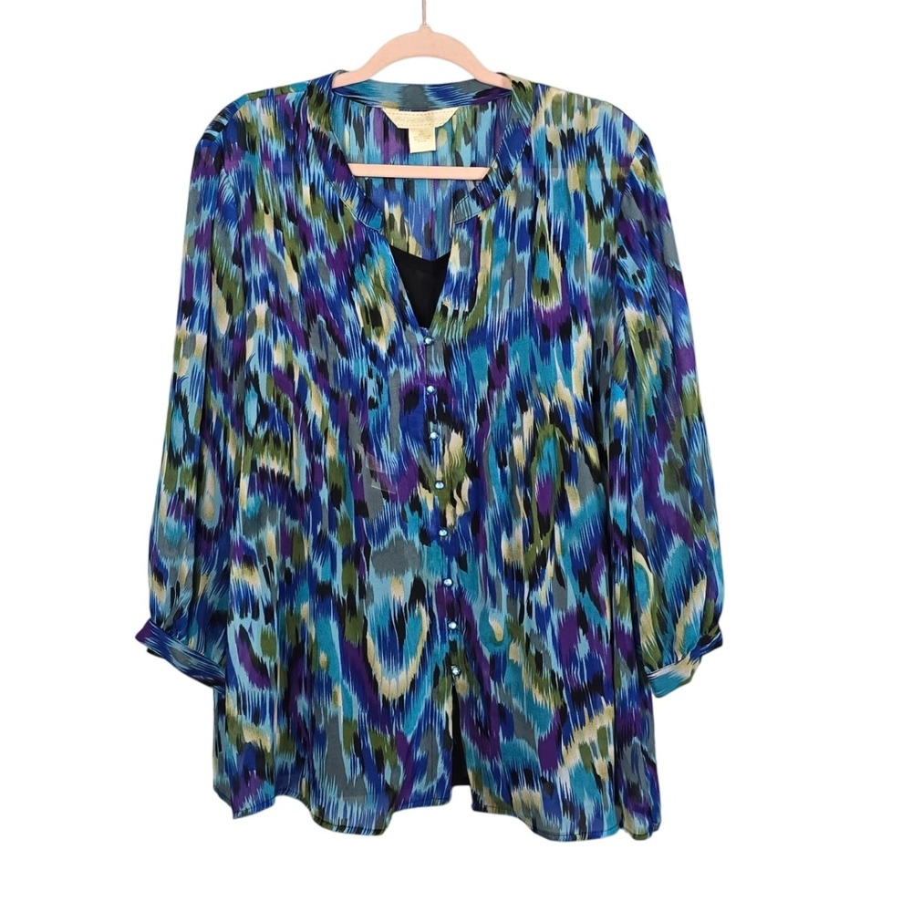 New York City Design Co. Women's XL Chic‎ Blue Sheer Blouse Top Long Sleeve